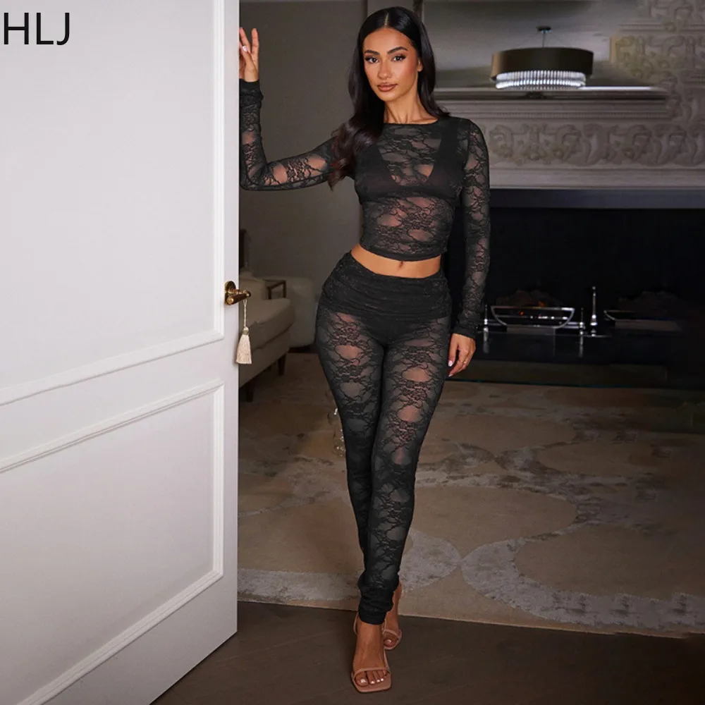 HLJ Sexy Floral Lace 2 Piece Sets Woman Outfit Hollow Out See Through Crop Tops + Fake Skirt Pants Suits Female Night Clubwear