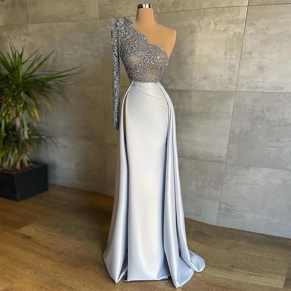 

2023 Exquisite Crystal Beading Sequined Satin Mermaid Evening Dress One Shoulder High Side Slit Prom Formal Gown Robe De Soiree