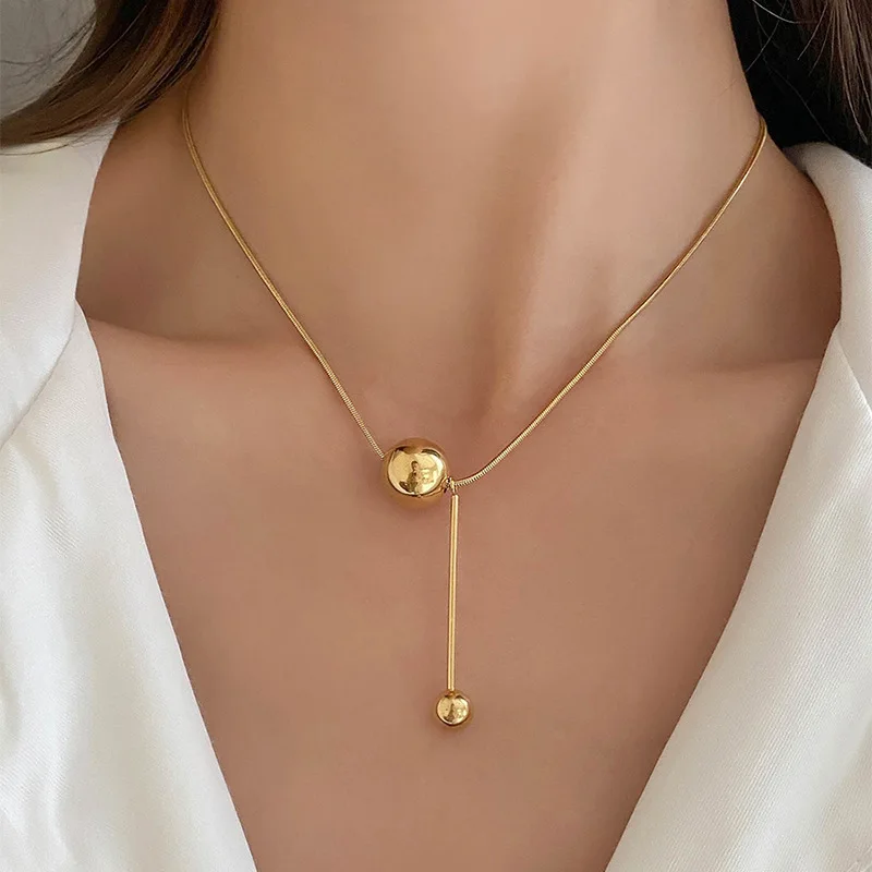 Classic Design Double Golden Round Bead Pendant Necklace Women\'s Titanium Steel Fashion Bead Choker Luxury Jewelry Party Gift