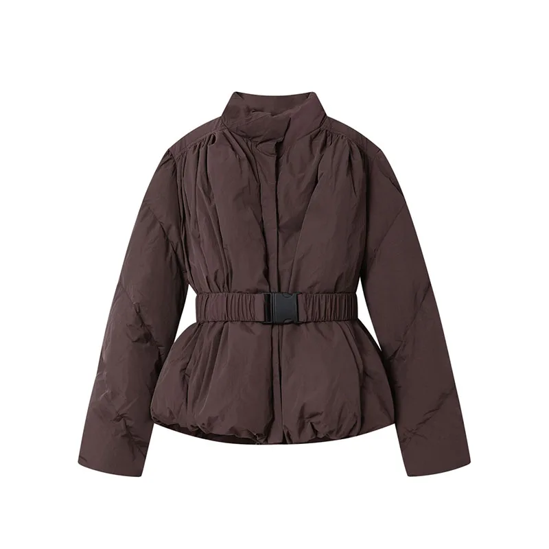 Coffee Colored Cotton Jacket for Women Winter Stand Collar Waist Cinched Quilted Coat Solid Color Long Sleeved Warm Outerwear