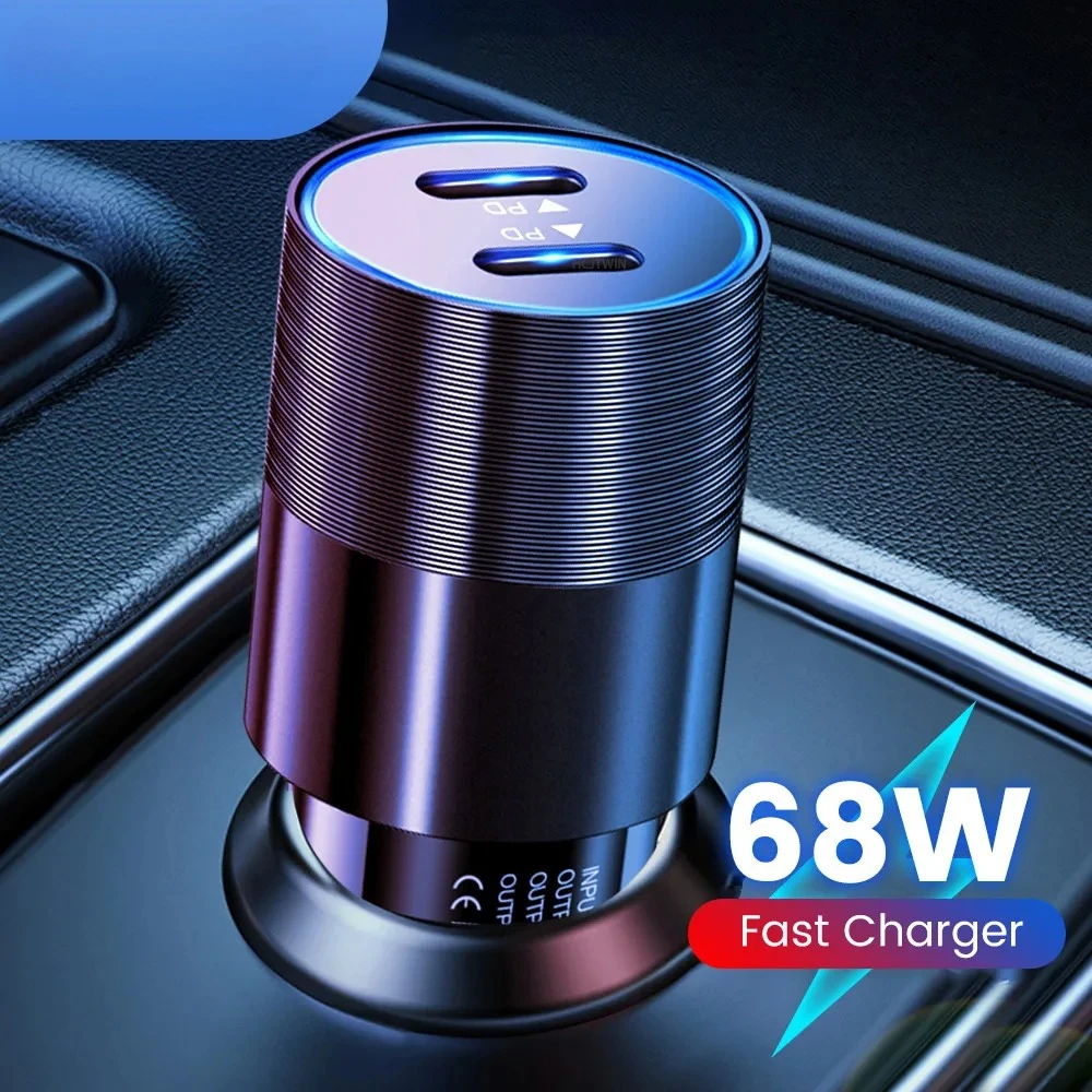 

Автомобильное зарядное устройство с двумя USB-портами, 68 Вт, металлическое автоматическое зарядное устройство, адаптер для быстрой зарядки, зарядное устройство USB C для мобильного телефона в автомобиле для iPhone 13 12