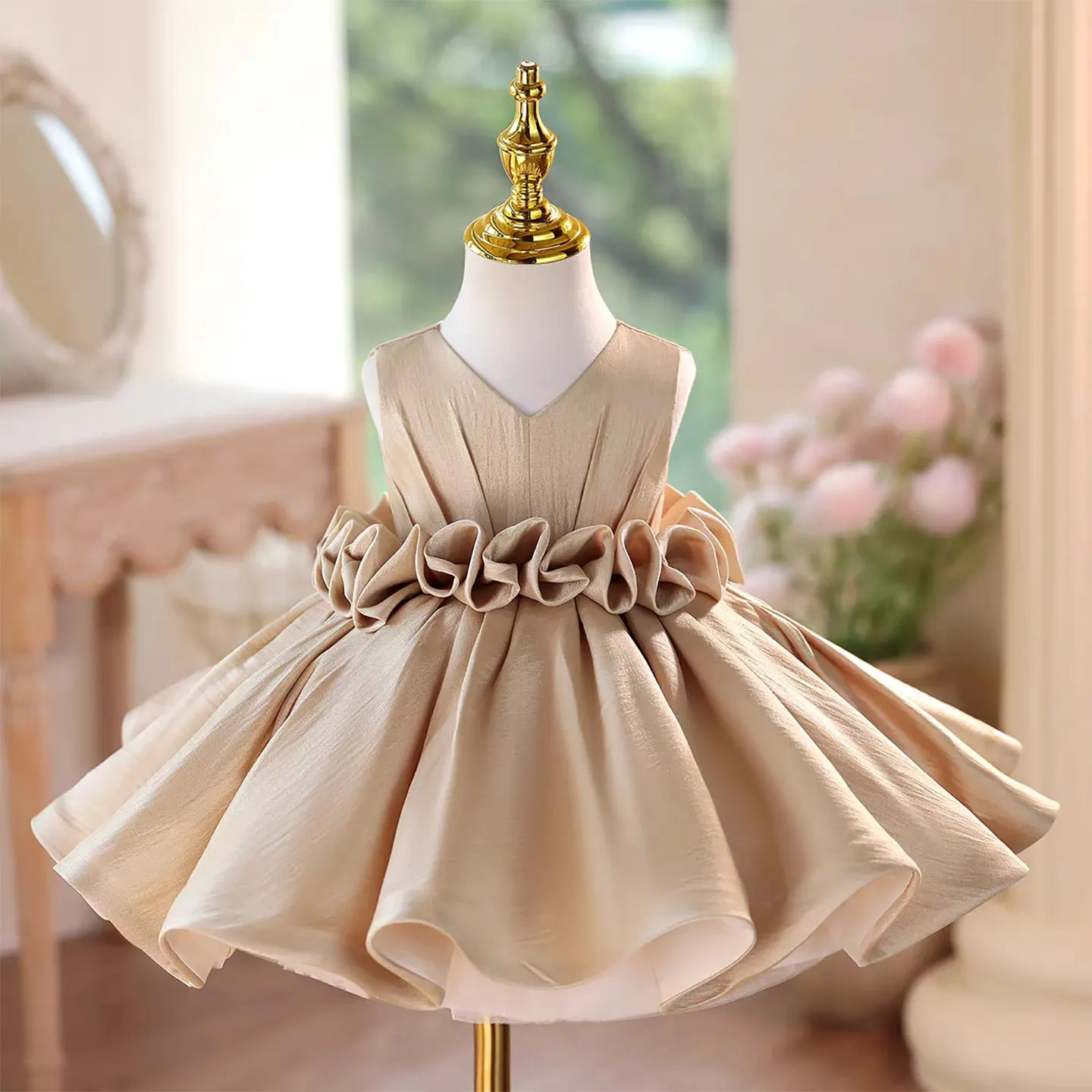 

Dreamy Vow J460A Champagne Elegant Flower Girl Dress Satin Knee Length Children Wedding Birthday Holiday Party Pageant Dress