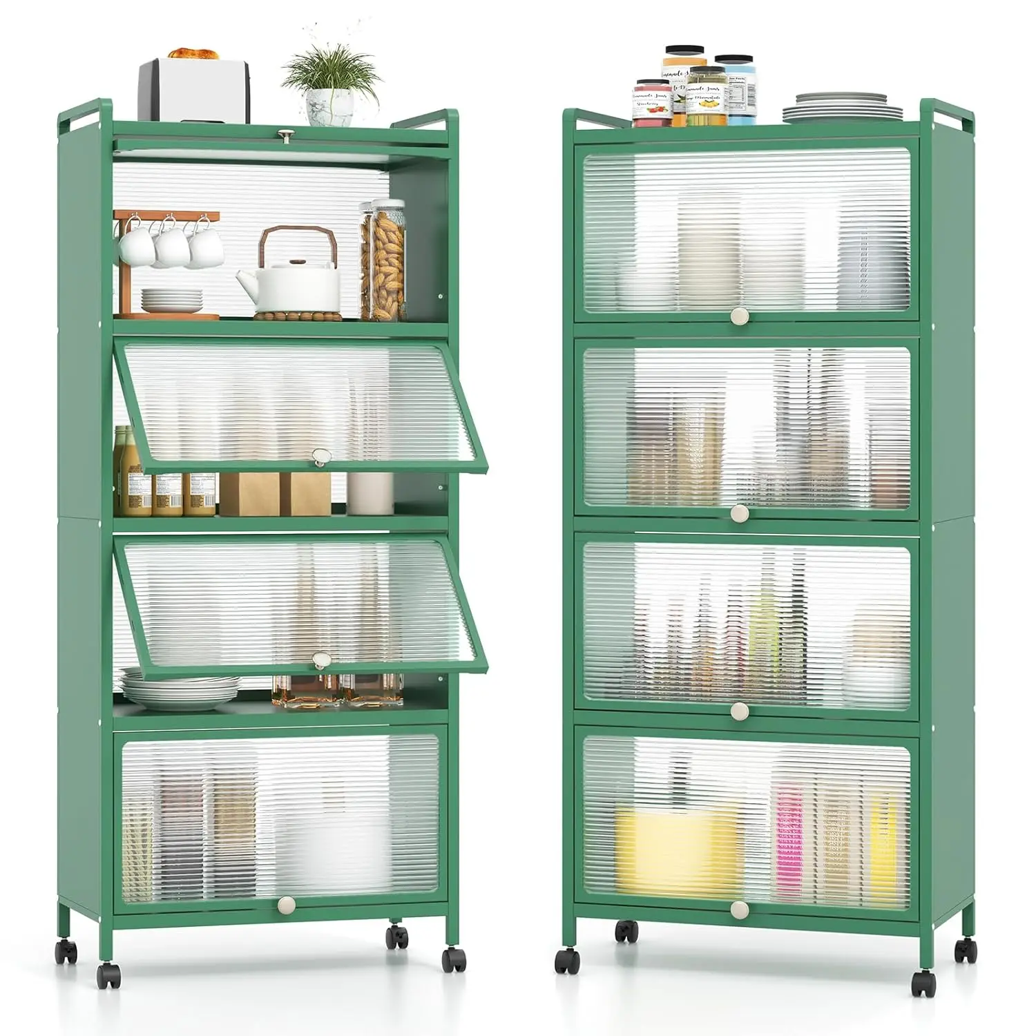 

5-Tier Kitchen Storage Cabinet Microwave Stand Flip-up Doors Bakers Rack Rolling Casters Dining Living Study, Customized