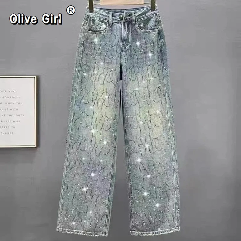 Olivegirl Women Diamond Jeans Shiny High Waist Trousers Loose Wide Leg Denim Pants Blue Rhinestone Mopping Pant Streetwear