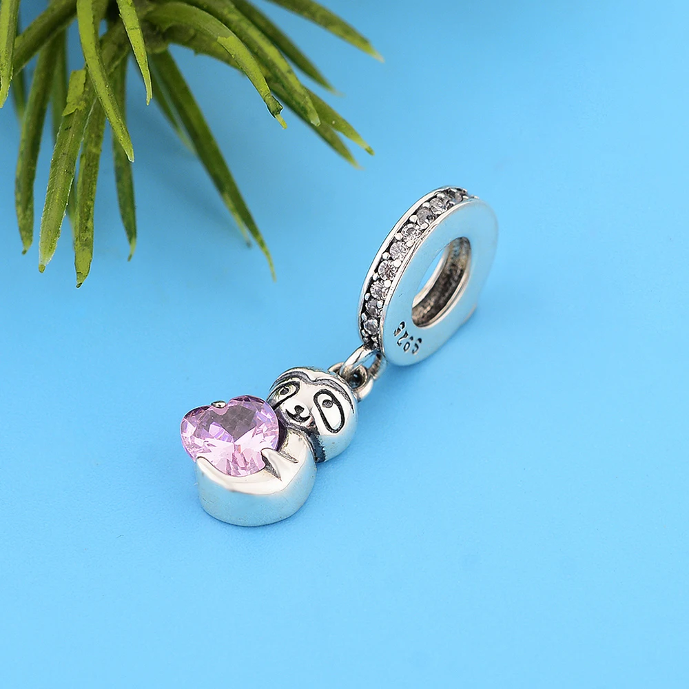 

Fit Original Brand Charm Bracelet Authentic 925 Sterling Silver Sloth Hug Pink Zirconia Heart Beads For Making Berloque 2021