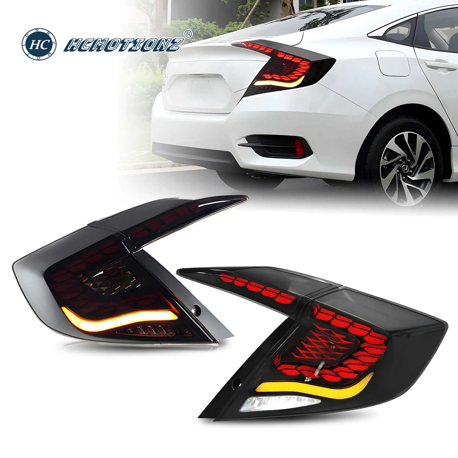 HCMOTIONZ Taillights for Honda Civic 2016-2021 10th Gen Smoked DRL Start up Animation Rear Lamps Assembly LED Fog Light