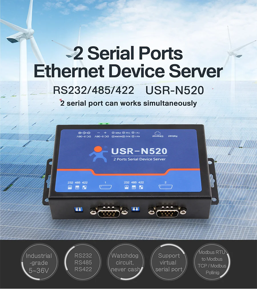 Servidor de dispositivo Serial de USR-N520, convertidor LAN Ethernet a RS232, RS485, RS422, control de automatización Industrial para transmisión de datos