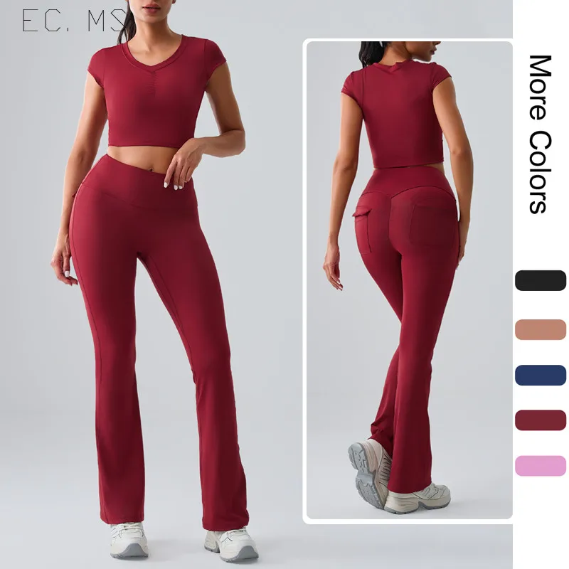 

Women Sport Set Crop Top Bubble Flare Pants with Pockets Yoga GYM Athletic Suit