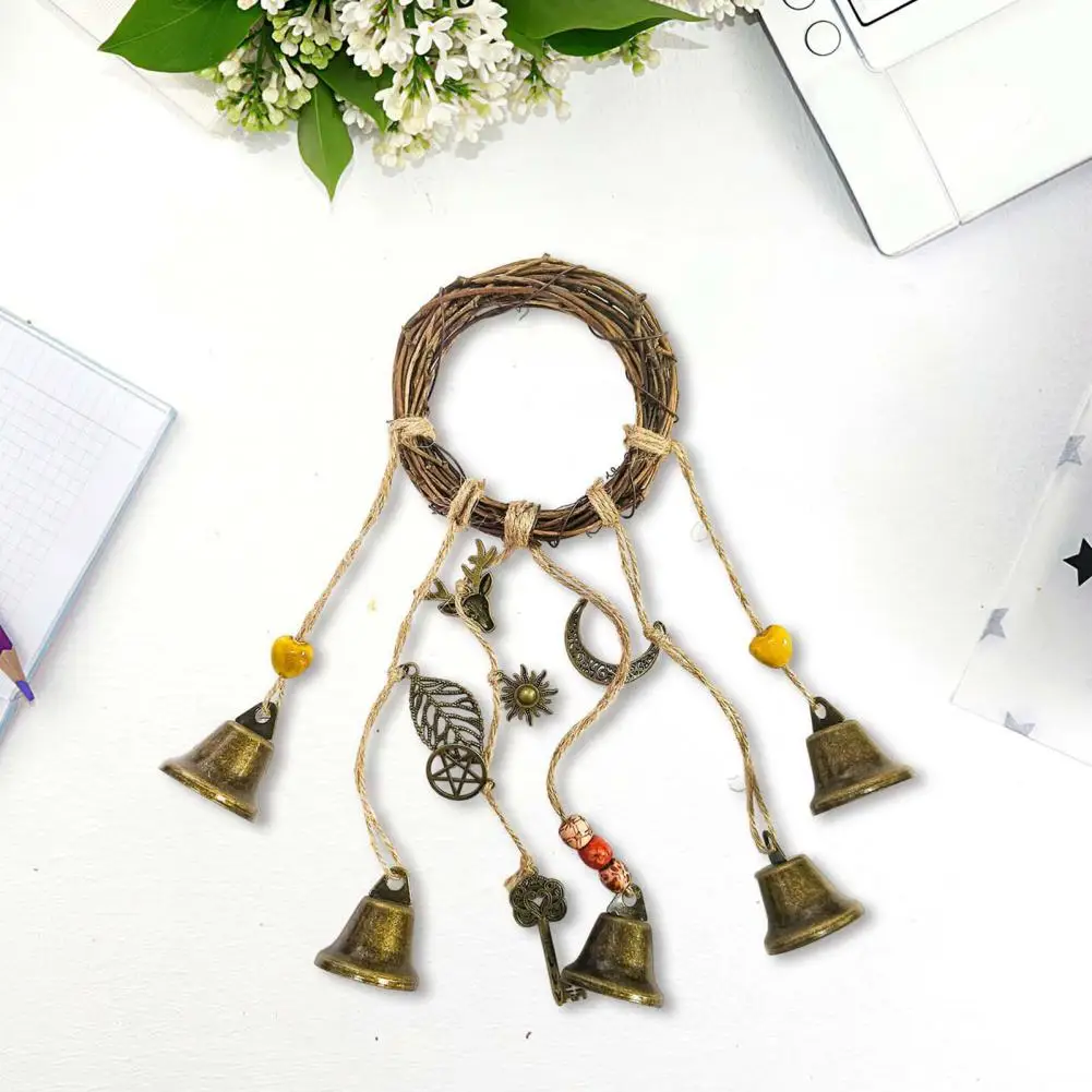 Witch Bell Decoration Handmade Brass Bell Witchcraft Door Hanger with Rattan Wreath Wind Chime Decoration for Home for Good