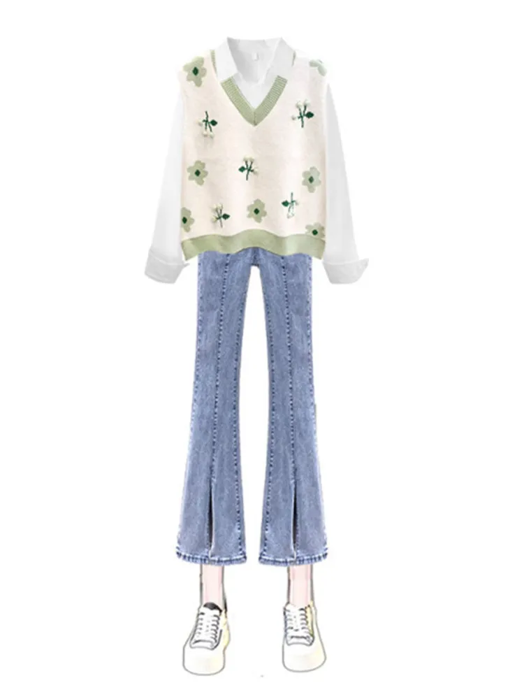 Spring and Summer Gentle Style Wear Women's 2023 New Slim Academy Style Knitted Vest White Shirt Jeans Three Piece Set