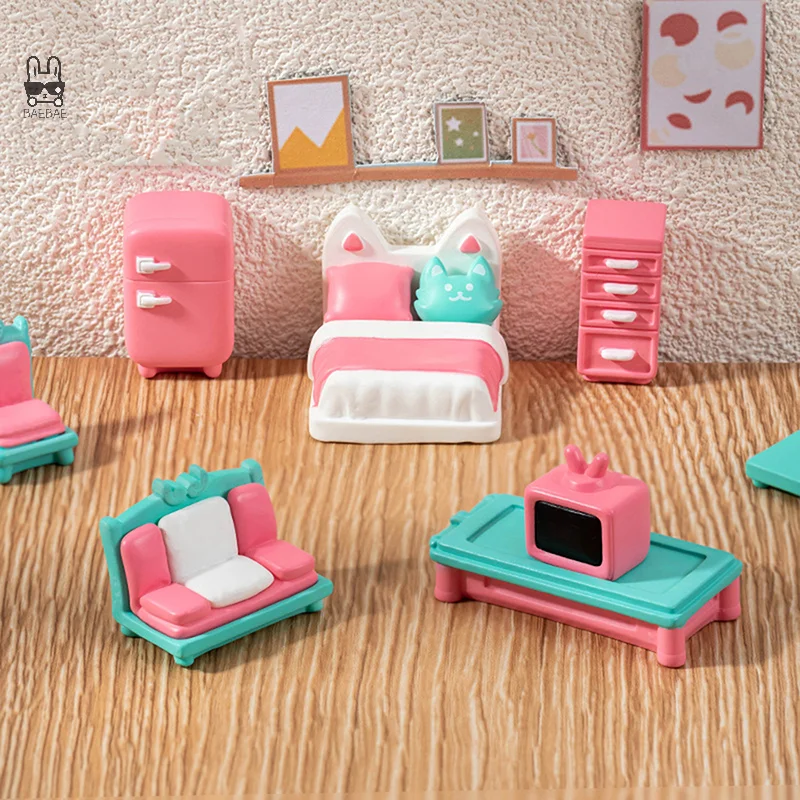 Miniature Furniture Ornaments Forest Family Kitchen Toy Dining Table Dollhouse Accessories Bathroom Pretend Play For Girl Gifts