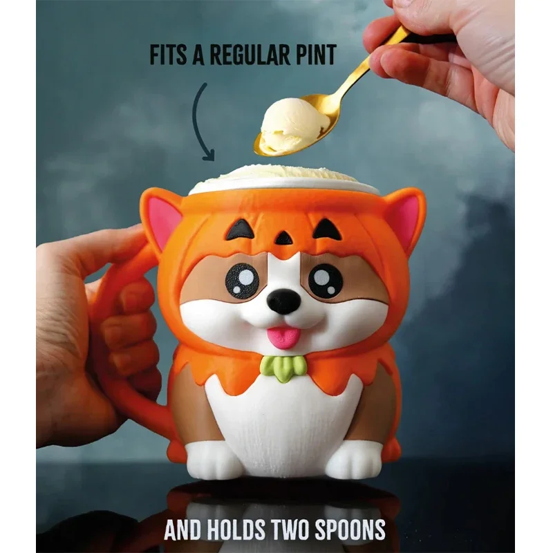 Corgi Ice Cream Insulated Lid Ice Cream Cup Holder With Pumpkin Lid Leak-Proof Container Corgi Ice Cream Cup Holder With Spoon