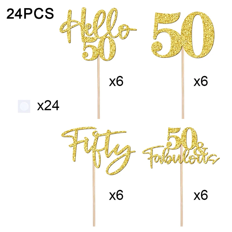 NUBECOM 24 Stück Geburtstagstorte Dekoration Glitzer 50 Cupcake Topper für Hallo 50 Hochzeitstag Party Kuchen Dekor Zubehör – Detail 6