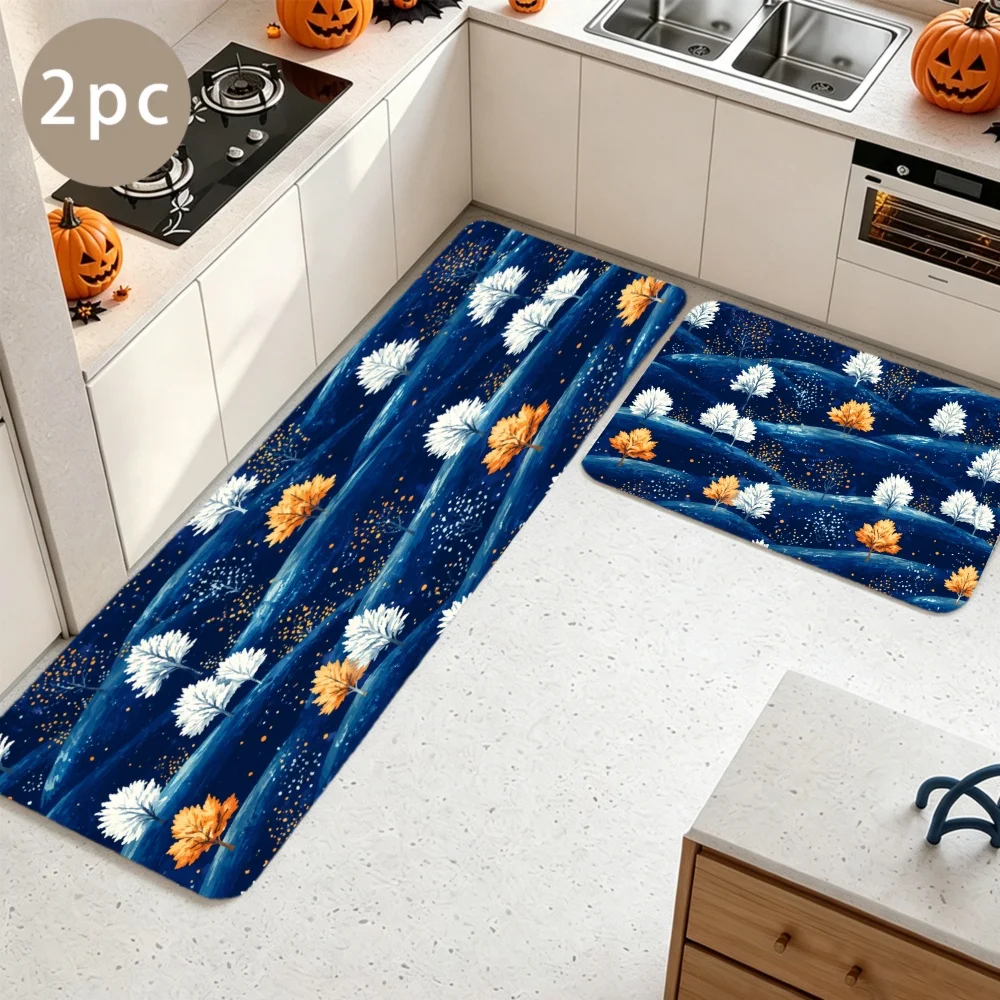 1/2/3pcs Kitchen Rugs, Welcome Door Mat Set, Home Halloween Decoration for Front Door, Kitchen, Bathroom, Blue Waves with White And Orange Floral Prints Dining Mat, Housewarming Party Gift.