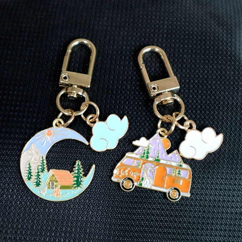 1PC Cartoon Colorful Alloy Metal Keychain Moon Truck Cloud Decoration Components Key Rings Key Holders New Year Holiday Gift