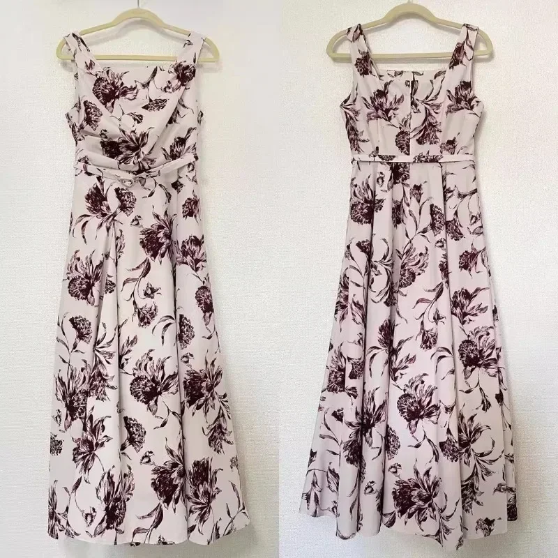 Japanese Flower Print Vestidos Mujer High Waist A-line Women Dresses Tank Dress Square Collar Vestido 2024 Lace-up Robes