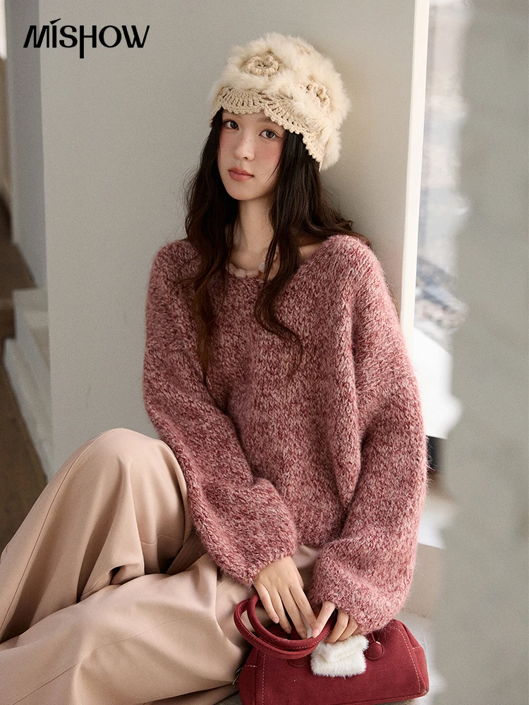 

MISHOW женский свитер с круглым вырезом, новинка зимы 2025, милый розовый рукав-фонарик, свободный ретро теплый повседневный пуловер для поездок на работу MXE91Z2841