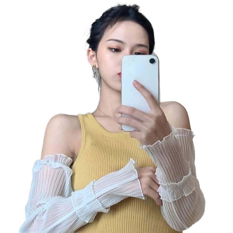 1 Pair Ice Silk Sunscreen Sleeve Cover Anti-UV Solid Color Lace Arm Sleeves Arm Guard Must Have Item for Summer