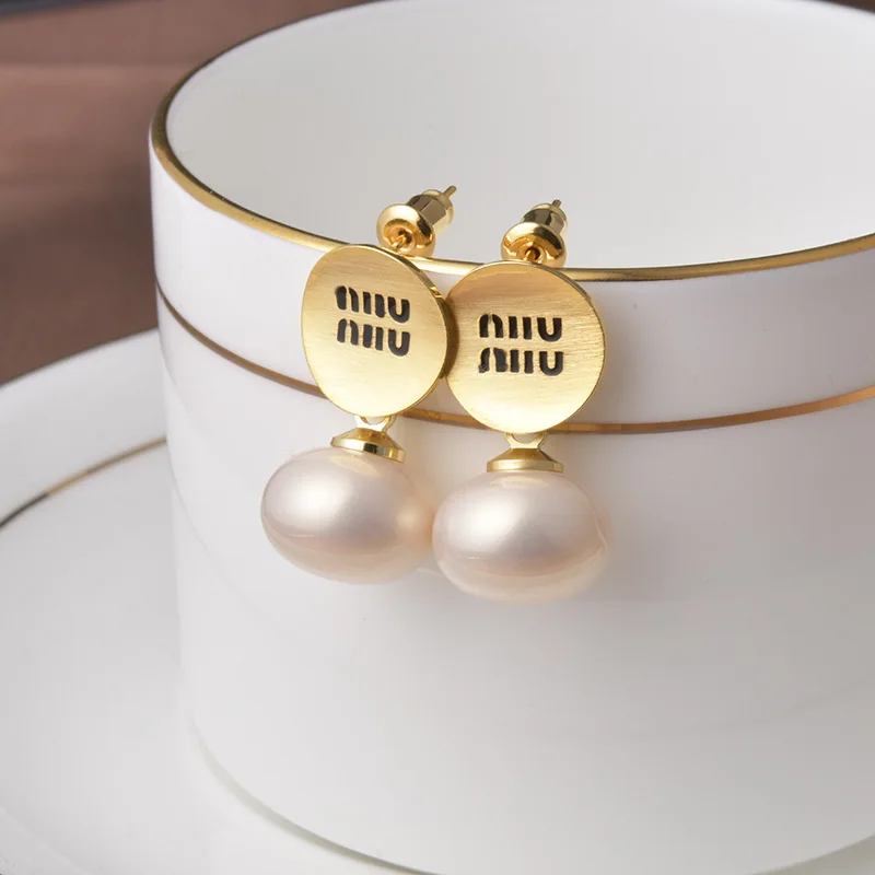 Luxury Brand 18K Gold Plated French Pearl Pendant Earrings, Trendy Women's Jewelry Accessories