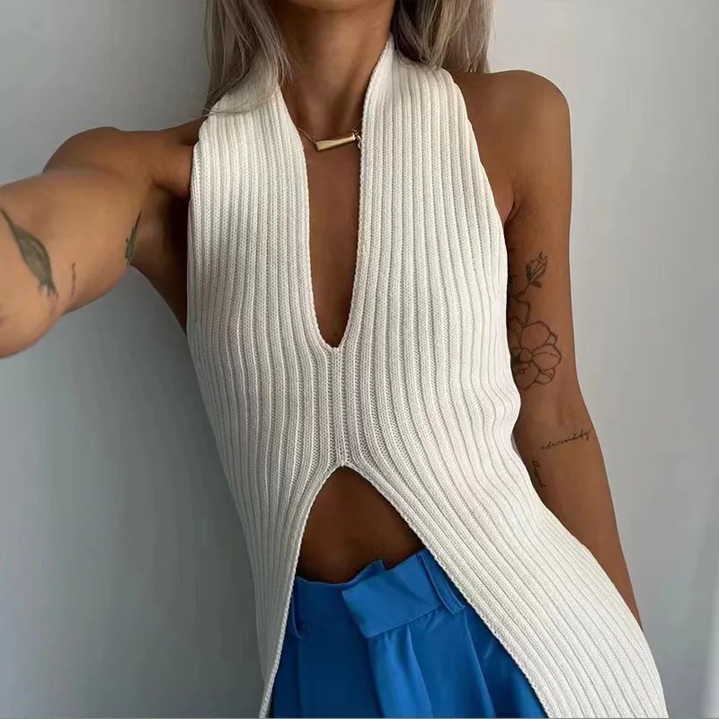 Plunge Slit Front Tank Top Women Sleeveless Rib-knit Camis and Tanks Top Summer Ladies Korean Fashion Chic Vacation Beach Outfit