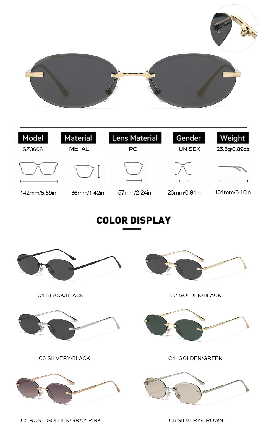 Y2K Punk Oval Randlose Sonnenbrille Frauen 2025, Luxus Marke Vintage Metall Kleine Rahmen Sonnenbrille Für Damen Retro Rahmenlose Shades – Detail 2