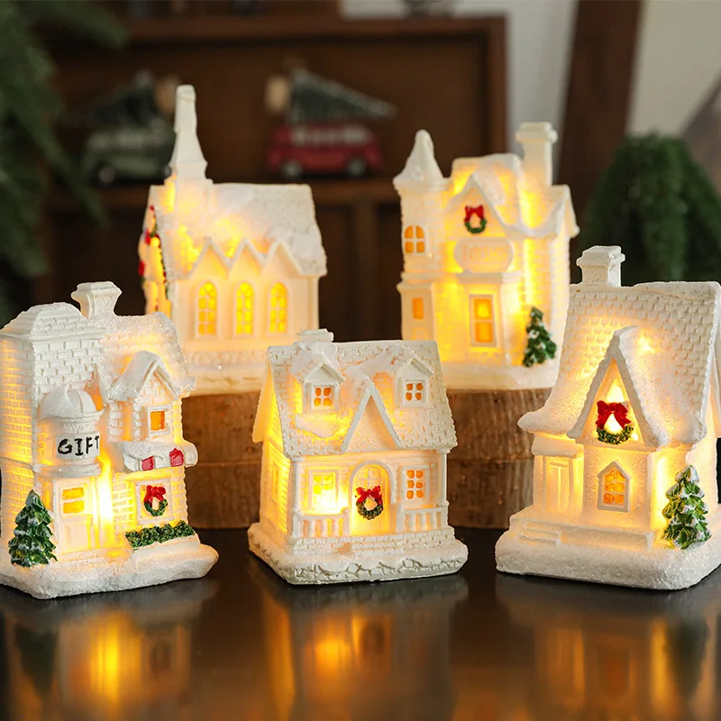 

Resin White Glowing Light Snow Christmas Village House Desktop Micro Landscape Ornament Home Decor Christmas Cottage Gift Box