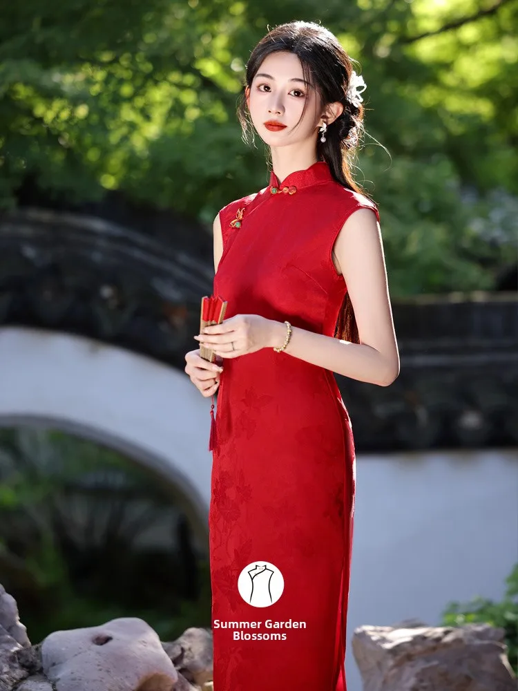 

Red Svel Dr New Chinese Sle for Bridemaid Drinking Ceremony Traditional Long Qipao Gown for Young Women
