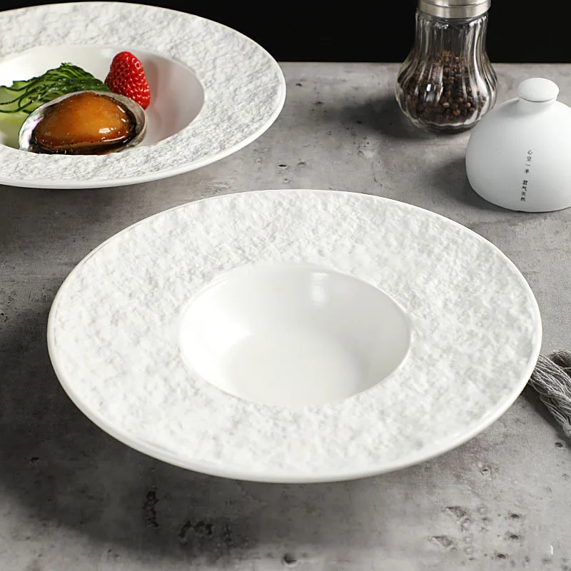 Pure White Ceramic Plate Modern Rock Texture Relief Western Restaurant Steak Dish European Living Room Dessert Straw Hat Plates