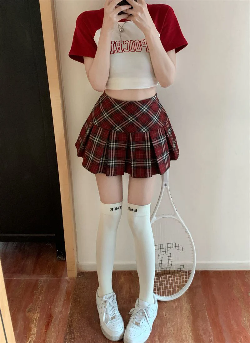 

GIDYQ Sexy Jk Plaid Mini Skirt Women Vintage High Waist A Line Pleated Skirts Japan Preppy Style Cute All Match Casual Skirt New