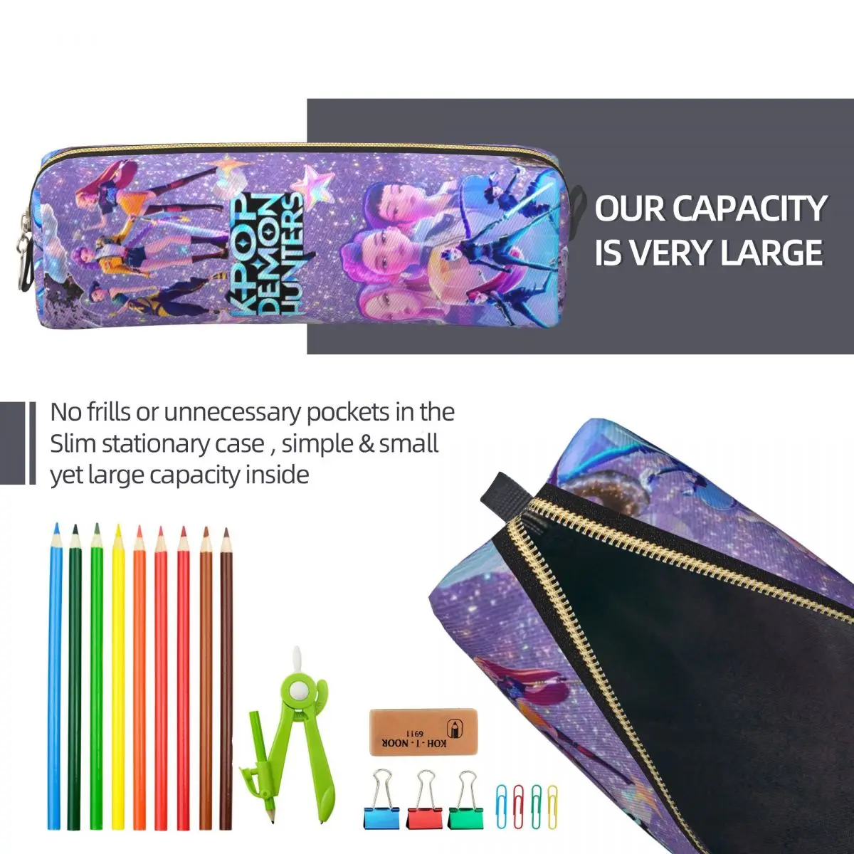 Kotak Pensil Huntrix Zoey Rumi Mira KPop Demon Hunters Tas Kotak Pena Anak Perempuan Laki-laki Penyimpanan Besar Kotak Pensil Kosmetik Sekolah Siswa