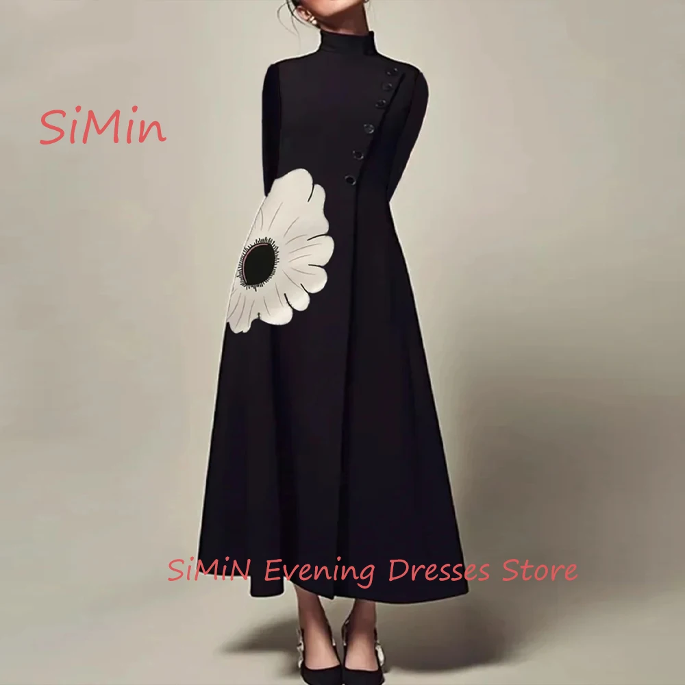 Simin Saudi High-Neck Simple Flower Button Ruffle A-Line Long-Sleeves Ankle-Length Arab Evening Party dresses for women 2024