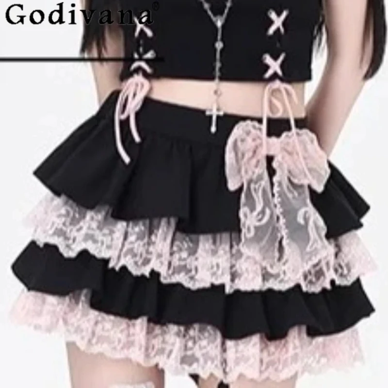 

Sweet Bow Elegant Lace Contrasting Color Versatile Short High Waist Cake Skirt Summer New Women's Age-reducing Korean Skirts