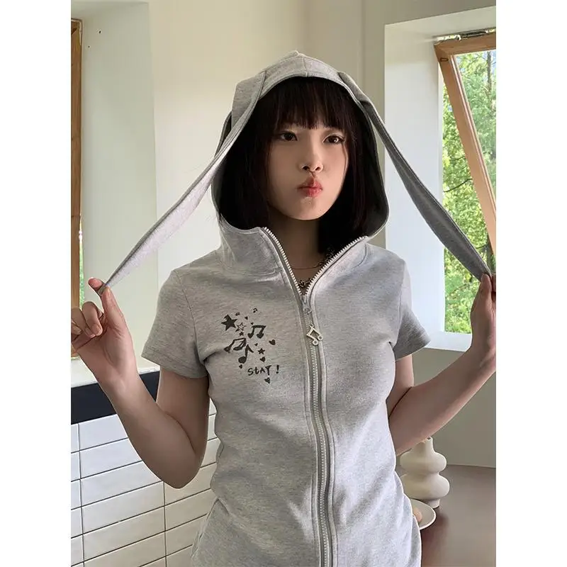 Topenomi-Sudadera con capucha con Orejas de conejo para mujer, estilo japonés Y2k, Tops elegantes ajustados de manga corta con cremallera, sudadera de calle dulce de verano 2025