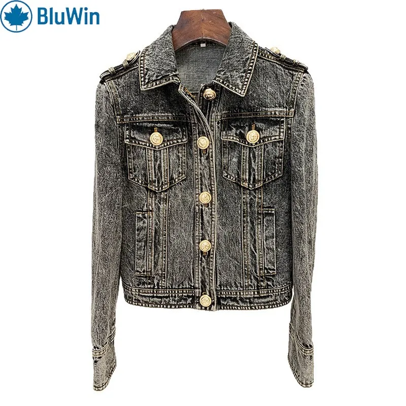 

BluWin Celebrity Style Slim Fit Denim Jacket Washed Jean Lion Button New Fall Winter European Fashion Coat Slimming Outerwear