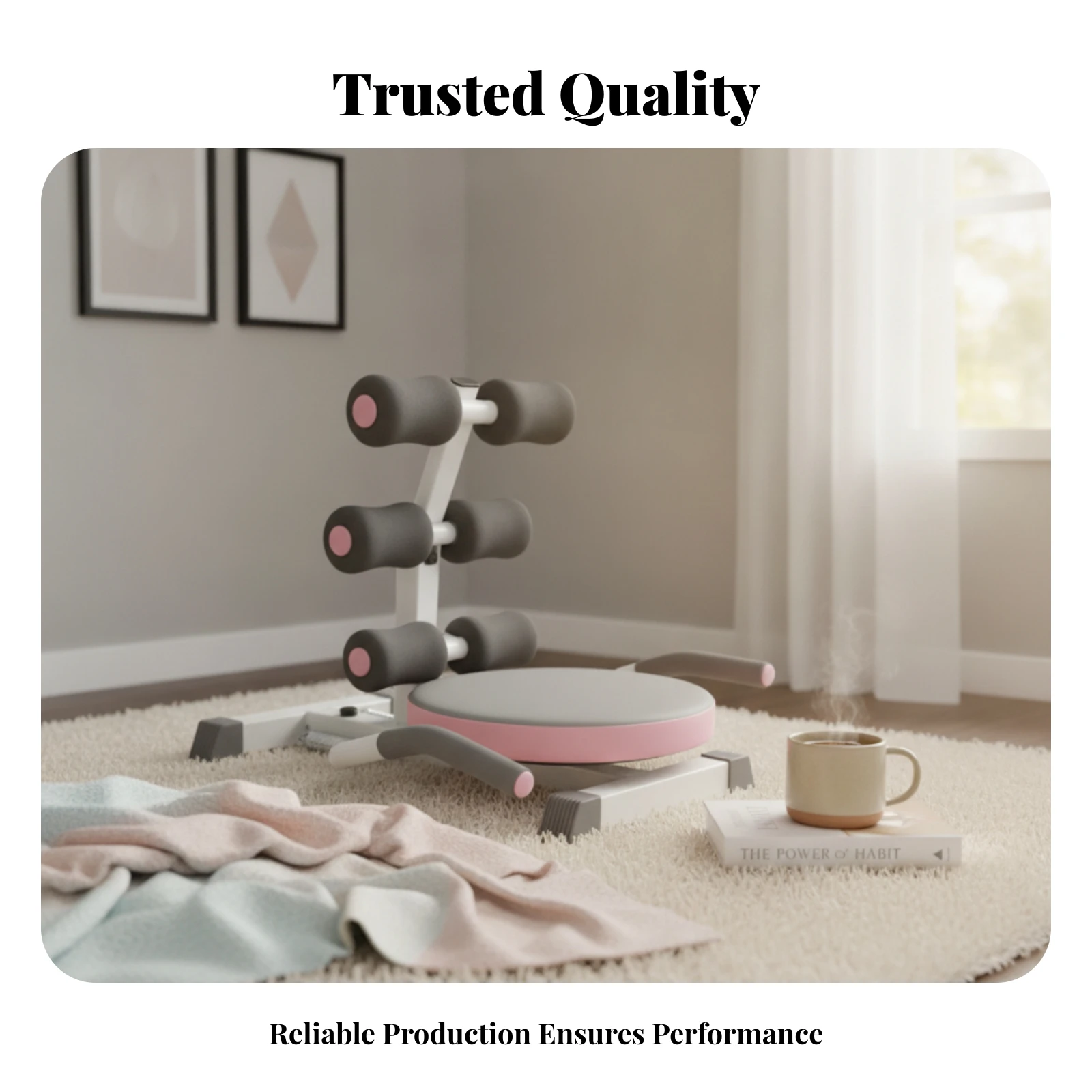 Machine d'assistance pour sit-ups avec cadre métallique et rouleau en mousse, appareil compact et robuste pour abdominaux, équipement de fitness.
