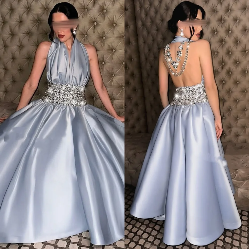 

Индивидуальные высококачественные шармезные плиссированные длинные платья трапециевидной формы с лямкой на шее, элегантные классические платья на заказ