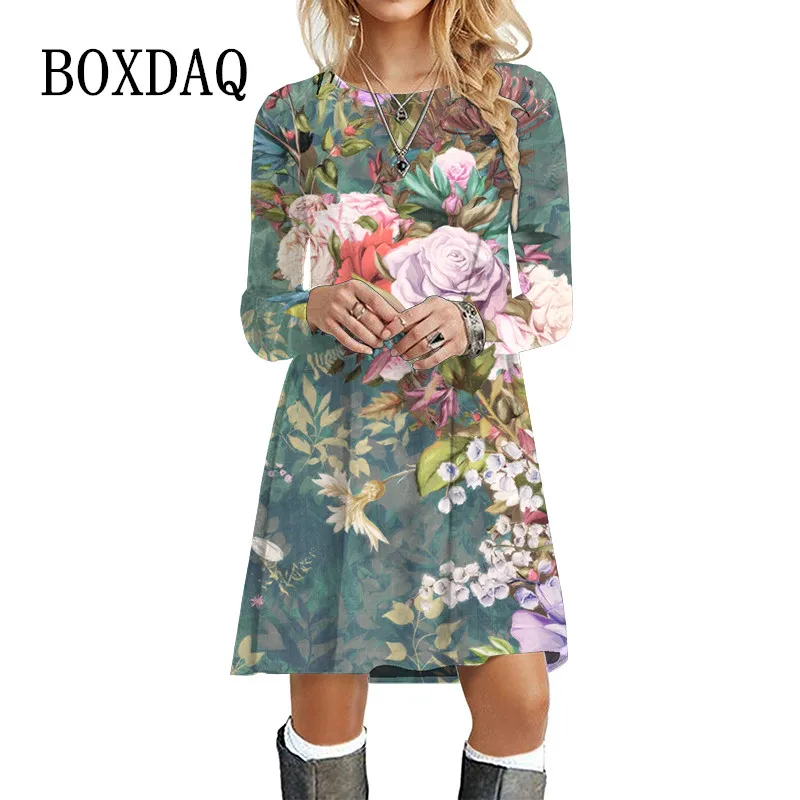 Autumn Retro Flower Print Dresses For Women Clothes Long Sleeve O-Neck A-Line Dress Casual Street Oversized Female Loose Dress