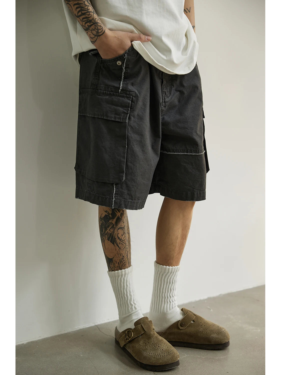 

LH Store Heavyweight Waed Vintage Workwear orts Loose Casual Japanese Sle Five-Quarter Length Straight Leg Cotton Summe...