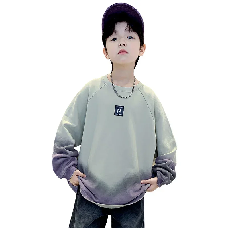 New Korean Sweatshirt for Boys Teenager Autumn Children Clothing Cotton Tops Gradient Color Sweatshirt Print School Kids Clothes