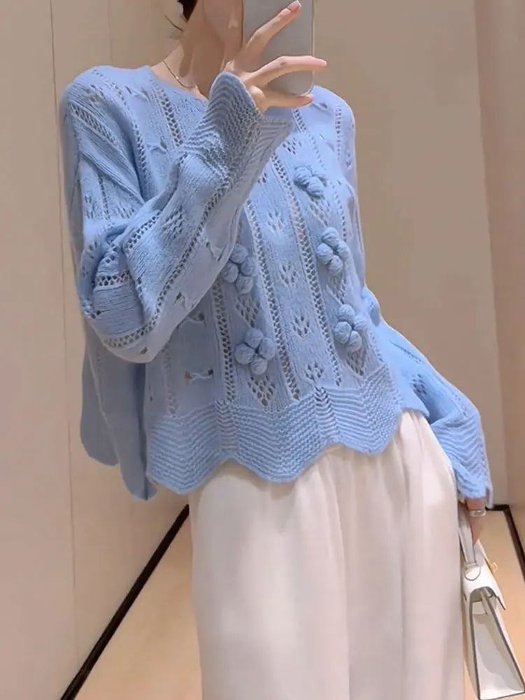 

Faionable Knitted Hollow out Sweater Spring Autumn Season Beautiful Lace Trim Loose Fit Meat Concealing Korean Sle Women'...