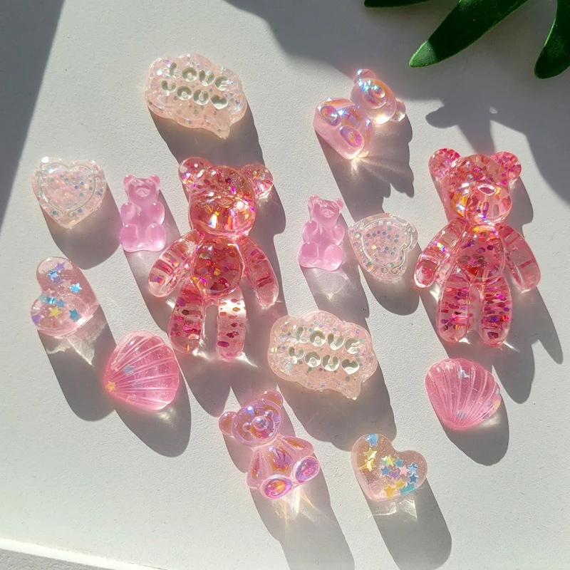 Transparent Pink Cartoon Bear Resin Accessories Heart Shape Crocs Shoe Charms DIY Handmade Decor Materials for Shoes Unique Gift