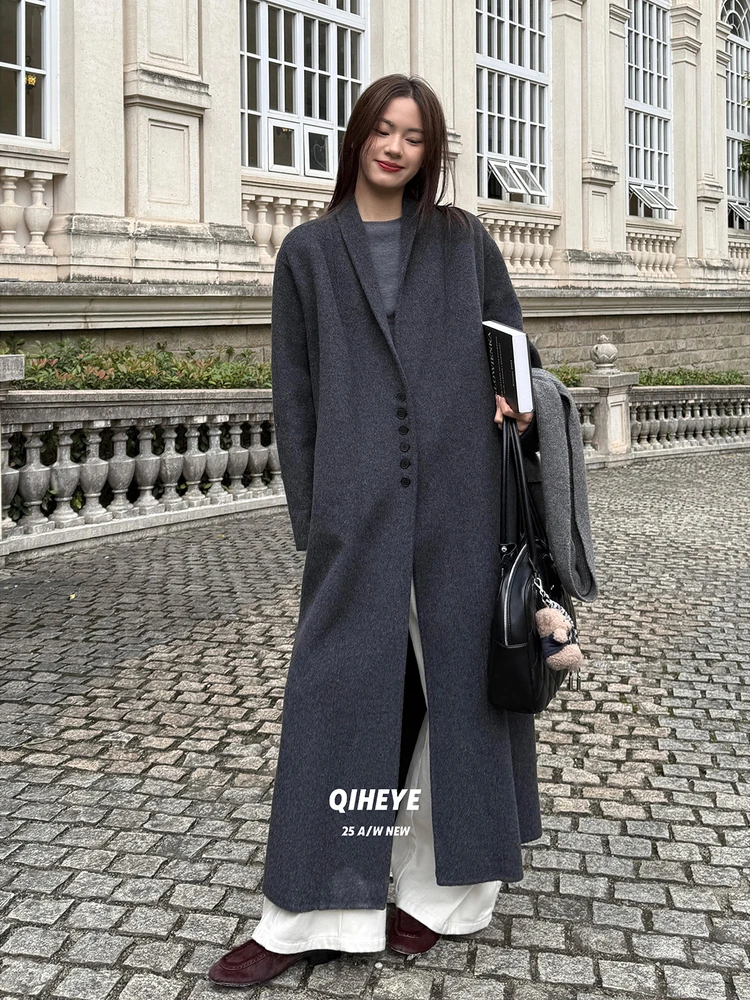 

Upade Version QIHEYE Wool Camel Hair Double-Faced ey Coat Women's Autumn Winter Elegance Long Length Woolen Outerwear
