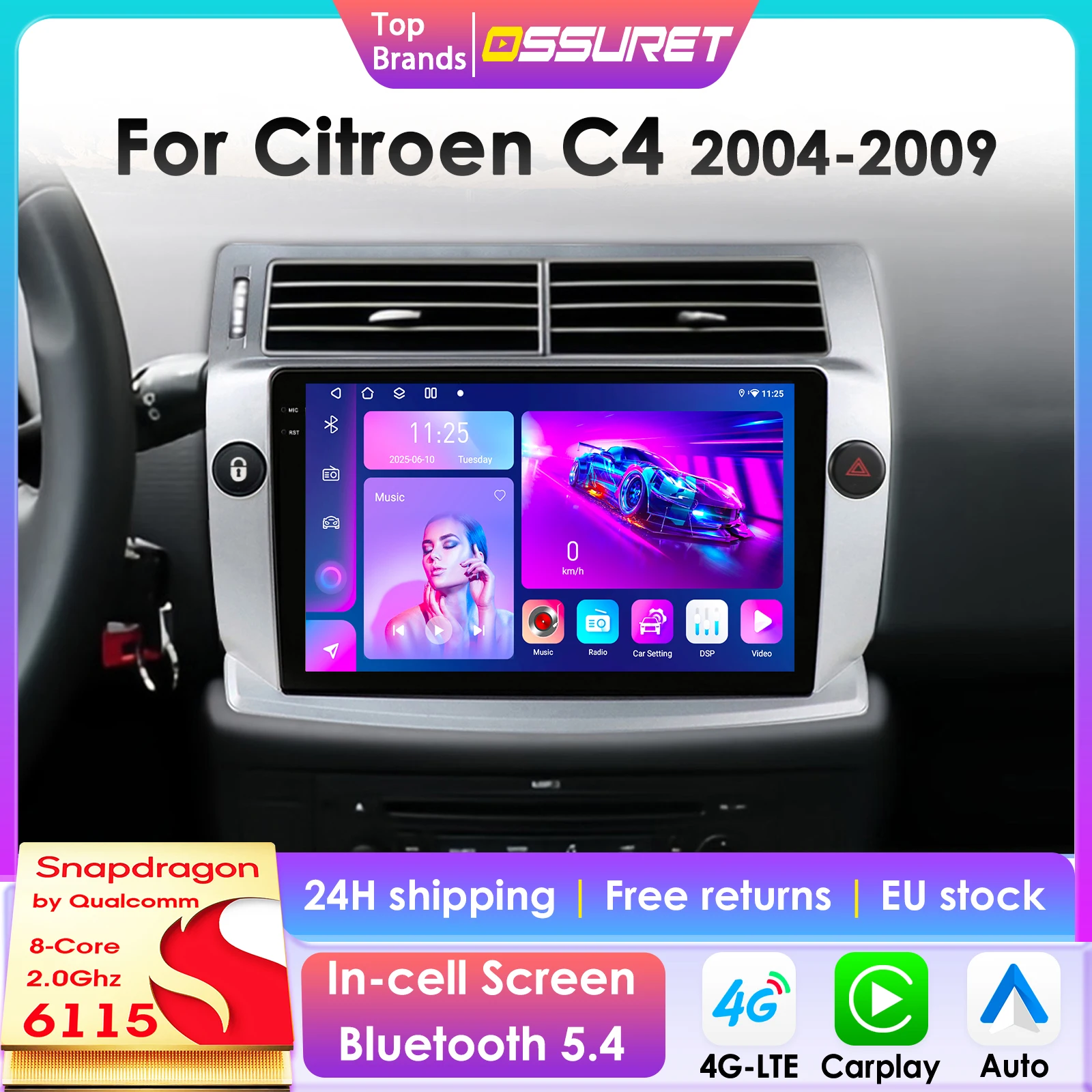 Autoradio 2Din Android 13 per Citroen C4 C-Triomphe C-Quatre 2004-2009, lettore multimediale per auto, schermo intelligente, autoradio con Carplay