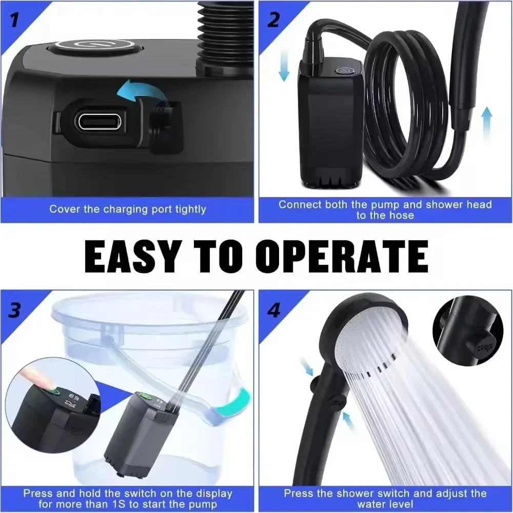 6000mAh Rechargeable Portable Camping Shower with Intelligent LED Display Electric Pump and Shower Head