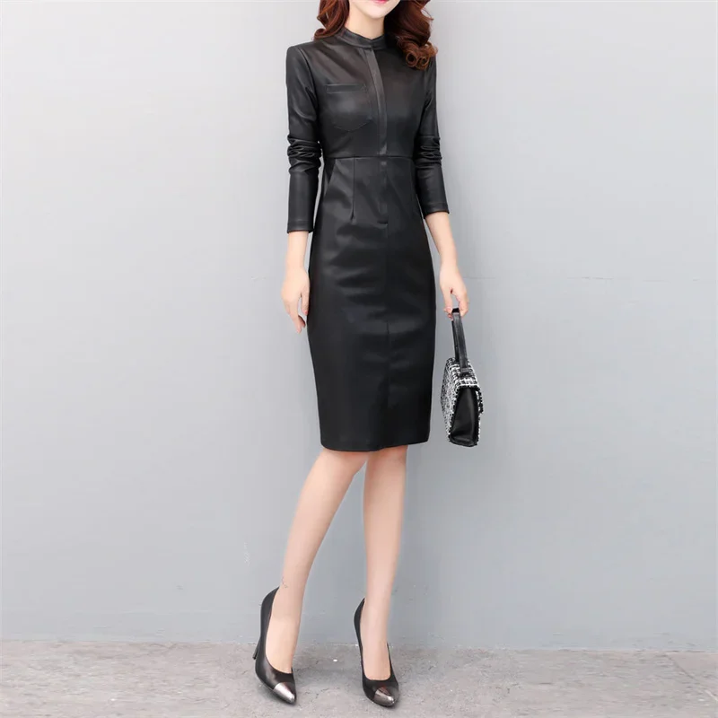 2024 Fall Winter Plus Size Velvet Dress Korea Fashion Women Sexy Knee-length Dress Long Sleeve Zip Pu Leather Bodycon Dress