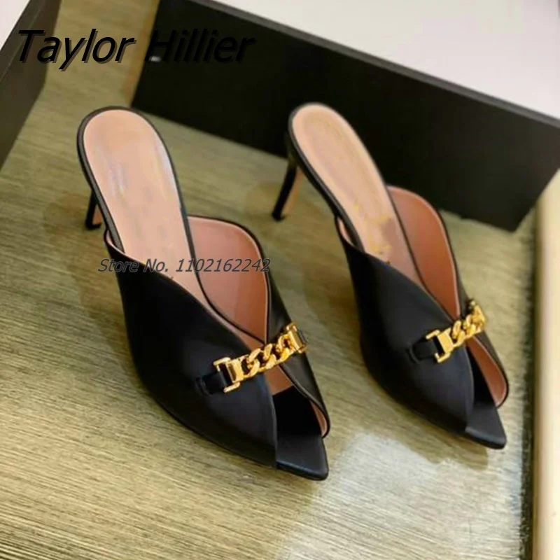 New Shallow Mouth Retro Pointed High Heel Slippers Open Toe Metal Chain Stiletto Mules Casual Outer Wear Summer Sandals Custom