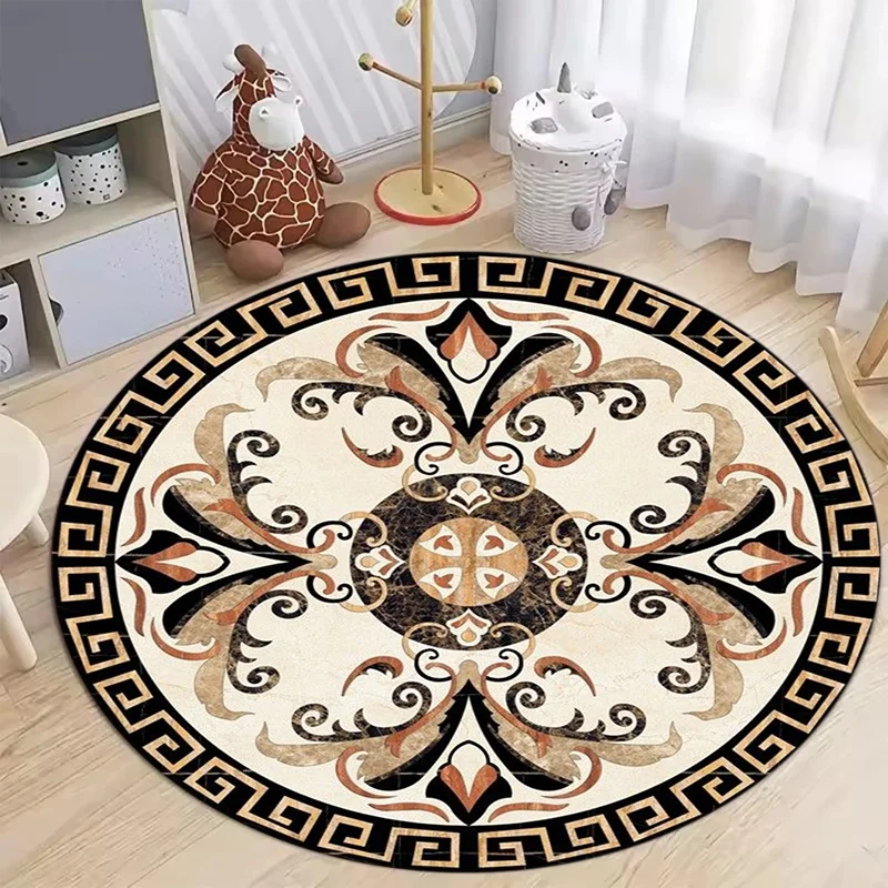 Greek Marble Pattern Round Area Rug, Classic Geometric Circular Floor Mat, Living Room Indoor Home Decor