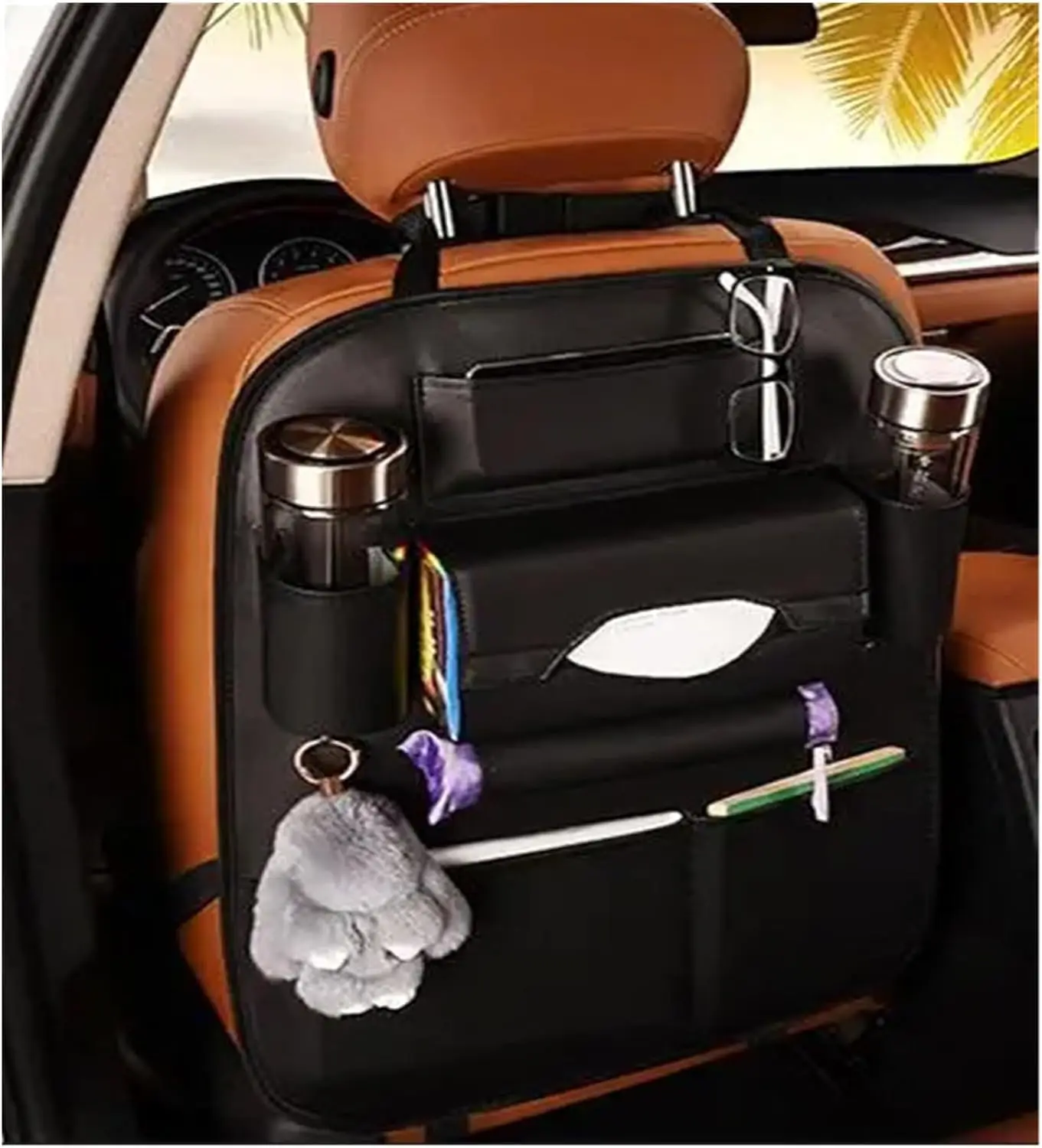 PU Leather Premium Car SeatBack Organizer Travel Accessories Kick mats Back seat Protector and Cup Holder