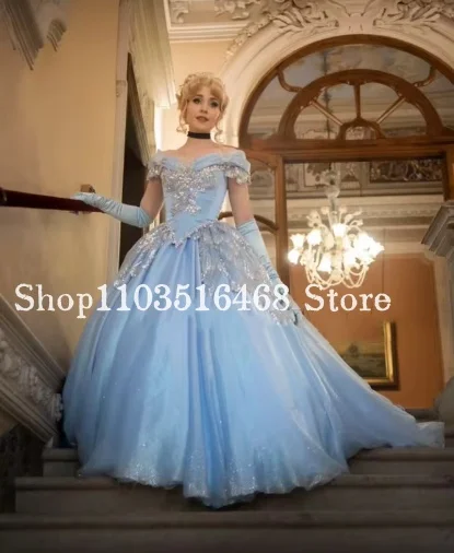 فستان حفلة موسيقية أزرق سماوي فيكتوري برباط علوي مرصع بالألماس المتلألئ فستان سهرة تنكري للهالوين مخصص #1