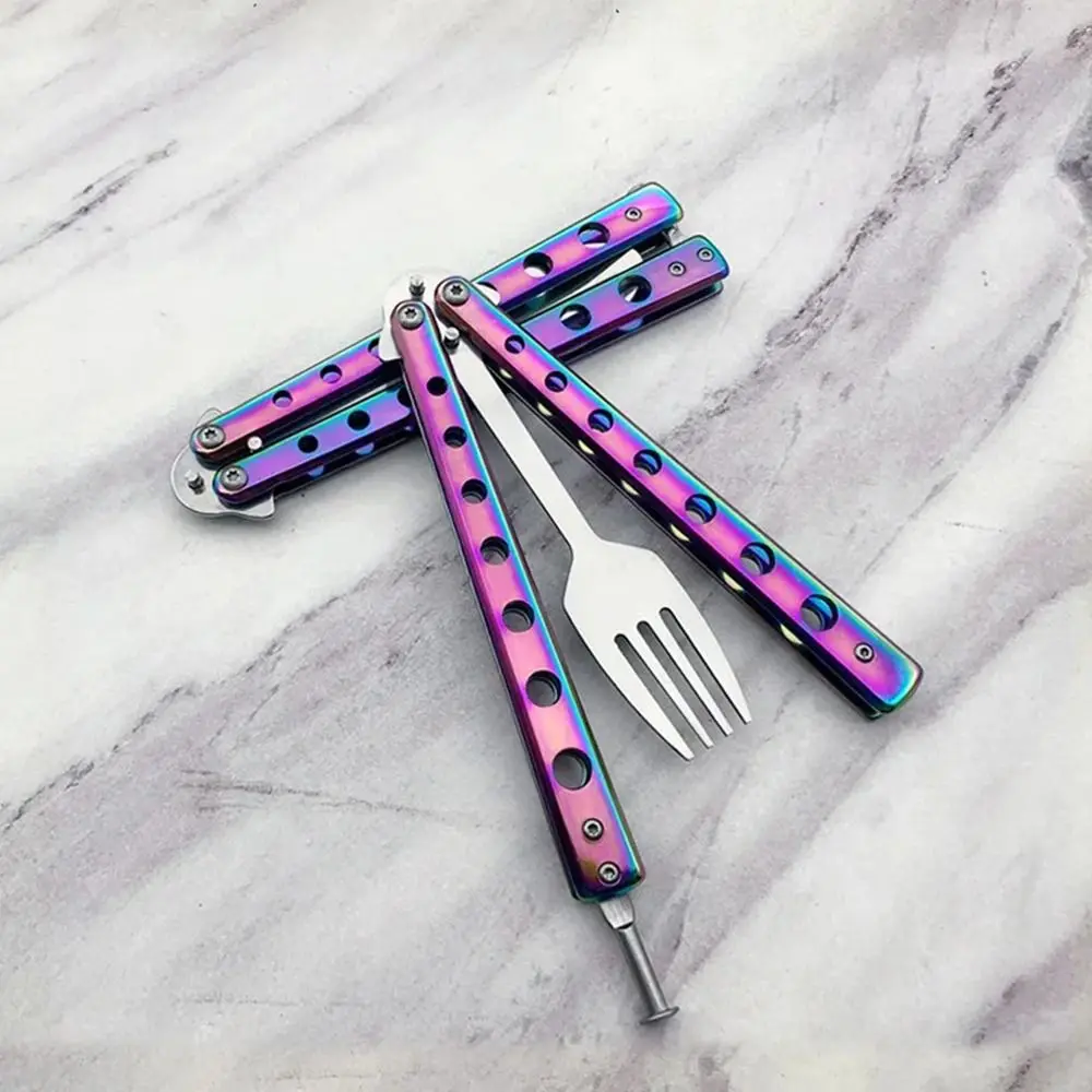 Durable Stainless Steel Folding Spoon Fork Practice Training Outdoor Balisong Training Tool Camping Tableware